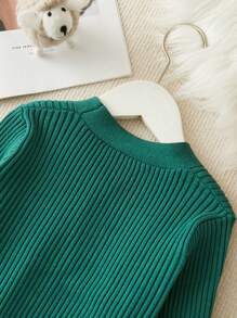 SHEIN Young Girl Textured Short Knitwear Sweater Set For Autumn/Winter - Green - View 4