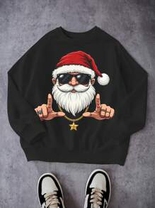 Tween Boys Christmas Creative Santa Claus & Star Print Crew Neck Sweatshirt - Black - View 1