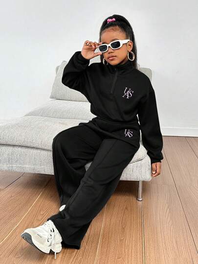 SHEIN Conjunto de sudadera con capucha con bordado de letras y pantalones casuales para niña preadolescente, 2 piezas