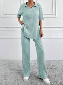 RueChic Two Pieces Set Polo Neck Top And Pant Set Rib Knit Fabric - Mint Green - View 5
