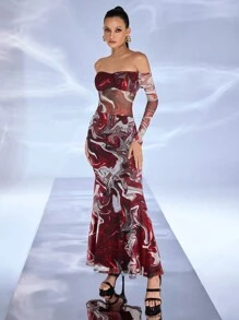 JIAN LASALA 女士红色长裙优雅，派对露肩长袖全印花，大理石褶饰，开叉大腿，露背夏季女士服装，女士夏季连衣裙，女士太阳裙，度假服装外出，婚礼宾客礼服女士 - 紅色 - 查看 3