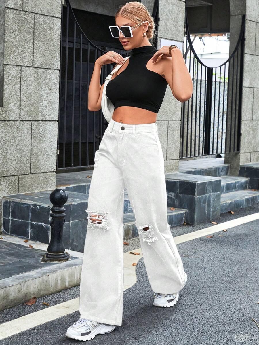 Jeanoix Women's Casual Distressed Loose Wide Leg Jeans, Solid Color