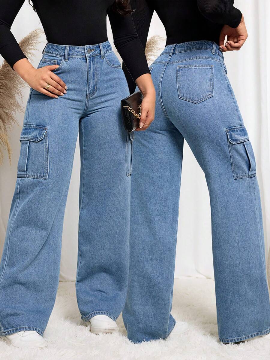 SHEIN LUNE 1 件女士休闲纯色口袋宽腿宽松牛仔裤 - 藍色 - 查看 1