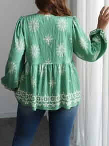 SHEIN LUNE Blusa holgada con manga farol y nudo al frente con estampado floral para mujer talla grande, otoño