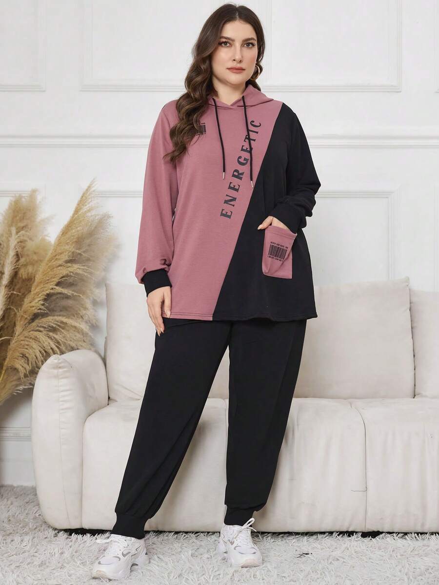 Lacomfia 2pcs/Set Plus Size Casual Color Block Print Hoodie Sweatshirt And Elastic Waist Pants, Spring And Autumn 2 Pieces Set - Multicolor - View 1