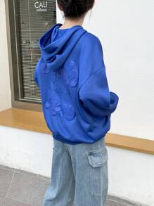 SHEIN Oversized Teen Girl Sweatshirt With Embossed Slogan Pattern & Pouch Pocket, Navy Blue, Fashion Forward Ideal For Winter - Blue - View 4