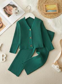 SHEIN Young Girl Textured Short Knitwear Sweater Set For Autumn/Winter - Green - View 1