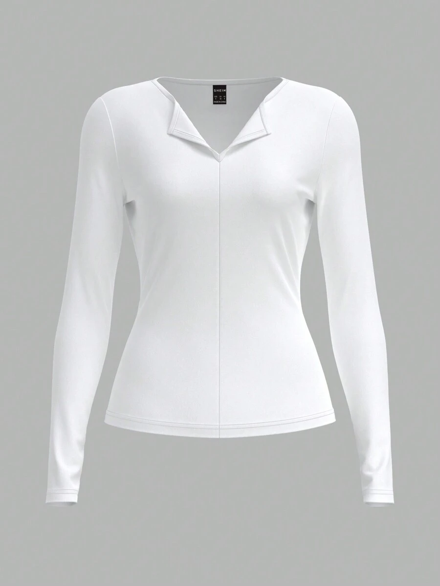SHEIN BASICS Solid Color Knit Long Sleeve V-Neck Fitted T-Shirt For Women - White - View 1