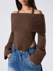 LYSMO Women's Valentine Off Shoulder Sweater - Brown - View 1