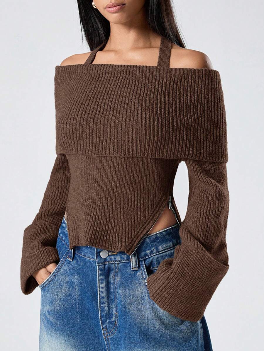 LYSMO Women's Valentine Off Shoulder Sweater - Brown - View 1