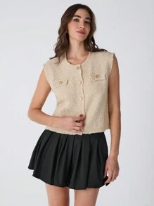 Enchnt 女士纯色圆领前扣休闲无袖针织毛衣背心