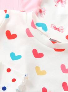 SHEIN Genkimix Kids 4pcs/Set Young Girl Casual Minimalist Bow, Heart & Polka Dot Print T-Shirt, School, Campus, College Summer Holiday - Multicolor - View 3