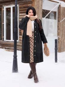 SHEIN EZwear Plus Size Washed Thermal Denim Long Jacket With Thermal Lined , Button Front, Autumn/Winter - Black - View 5