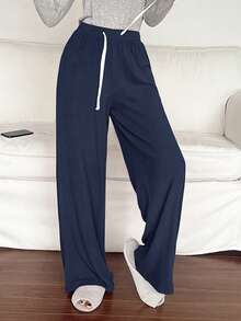 DAZY Women's Drawstring Waist Simple Knit Straight Leg Lounge Pants - Royal Blue - View 6