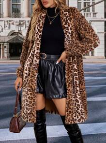 Chaqueta larga y esponjosa con estampado de leopardo de moda lujosa para mujer, abrigo elegante de alta gama grueso y cálido para otoño/invierno, para uso diario