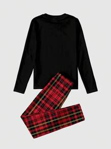 SHEIN 青少年男孩圣诞老人网格图案休闲简约紧身长袖圆领裤睡衣套装，适合秋冬季 - 彩色 - 查看 3