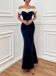 EURMUSE Two Tones Off Shoulder Ruffle Trim Bodycon Dress, Elegant Dress - Navy Blue - View 6