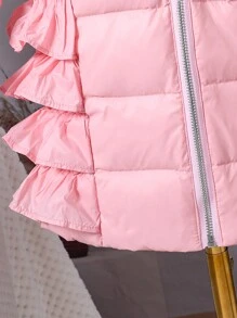 Young Girl Pink Fur Trim Hooded Multi-Layer Ruffle Hem Padded Jacket - Baby Pink - View 7