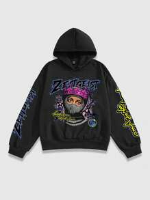 ROMWE MEN Street Life 男士宽松短款连帽运动衫和长裤运动服套装，街头服饰 - 黑色 - 查看 2