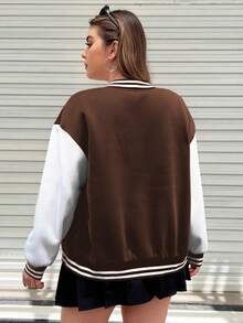 Flirla Áo khoác bóng chày đơn sắc cài nút phía trước cỡ lớn dài tay thường ngày - màu nâu - Xem 2