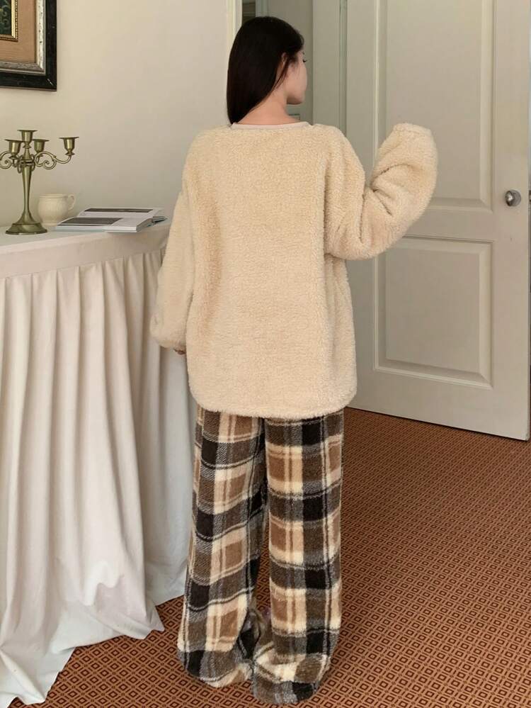 Flannel Thickened Letter Embroidered Top & Plaid Pants Lounge Set, Thermal Lined Fall, Winter, Cozy Outfit Clothes , Fluffy