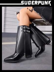 Sugerpunk Giày bốt cao đến đầu gối cho nữ, kiểu dáng Punk Rock, màu đen, gót dày, da, bốt cao đến giữa bắp chân, phong cách Punk thường ngày/đường phố - màu đen - Xem 7