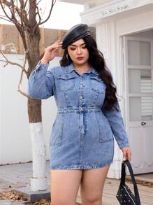 SHEIN Essnce Damen Große Größen Herbst Langarm Utility Taschen Knopf Halb-Patte Lässiges Jeans Kleid - Helle Waschung - Übersicht 4