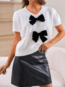 INAWLY Short Sleeve Bow Decor Casual Minimalist V-Neck Knit Pullover - White - View 3