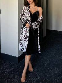 DAZY 2pcs Satin Leopard Print Pajama Set, Including Slip Nightgown And Robe - Black and White - View 8