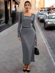 SHEIN Clasi 女士商务套装，简约优雅日常和工作装：西装上衣 + 直下摆长袖中长连衣裙，深灰色 - 深灰色 - 查看 6