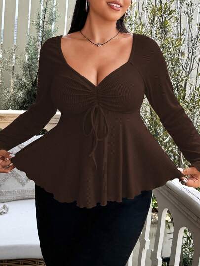 Vionelle Sweetheart Collar Front Drawstring Ribbed Long Sleeve T-Shirt, Plus Size Fall Cloth For Women