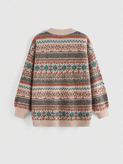 Hippie Pull ample à col rond tricoté lâche de style vintage Fair Isle pour femmes