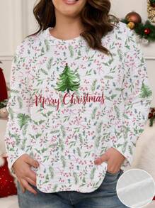 SHEIN LUNE Áo sweatshirt nữ cỡ lớn cổ tròn tay dài in hình cây thông Noel, chất liệu waffle, thích hợp cho mùa xuân. - Nhiều màu - Xem 1