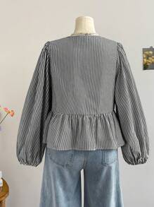 Soleia Plus Size Women Striped Long Sleeve Jacket With Plaid Bow, Winter - Black and White - View 2