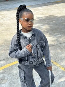 SHEIN Streecool Kids Oversized Girls' Fashion Baggy Pockets Design Drop Shoulder Hoodie Denim Jacket'