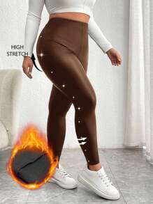 Calvaya Plus Size Women Solid Color Thermal Lined Slim Fit PU Leather Leggings - Brown - View 6