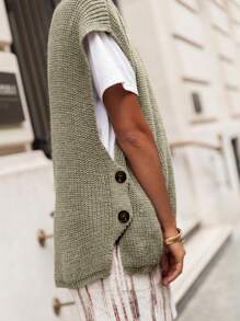 INAWLY Gilet tricoté simple à col rond unicolore pour femme, décontracté pour le port quotidien - Kaki - Voir 3