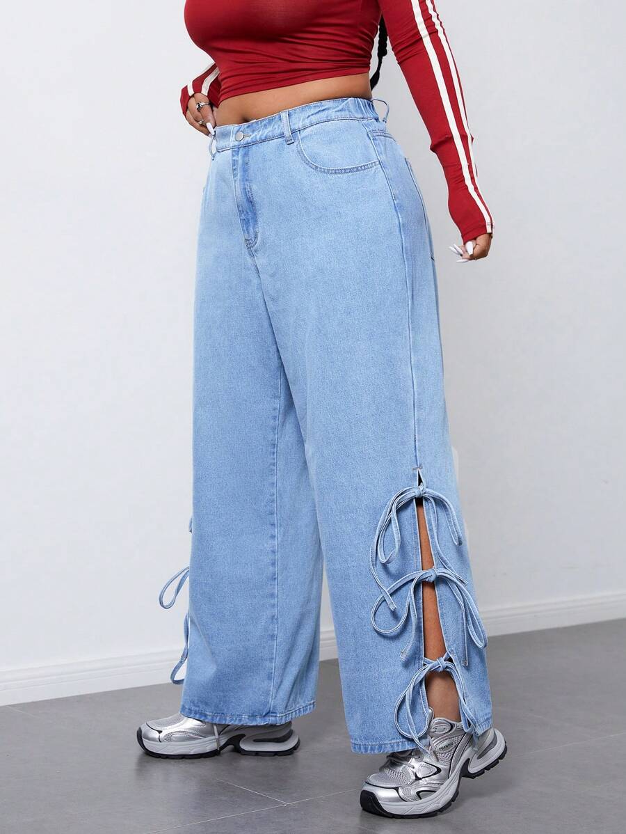 SHEIN EZwear Quần Jeans Denim Thường Ngày Có Túi Cài Nút Phía Trước Cỡ Lớn - Rửa nhẹ - Xem 1