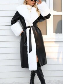 Almamuse Women Furry Patchwork Drawstring Front Long Casual Pu Leather Long Jacket Fall Winter Cloth For Women - Black and White - View 1