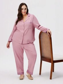 LUVLETTE Autumn And Winter Plus Size Classic Lapel Long Sleeve Trousers Pink Pajamas Suit Luxury Cotton & Imitation Silk Stitching Women's Lounge Sets Pink Lounge Sets Bridal Intimates Fall Pajamas