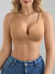 1pc Women's Minimalist Comfortable Seamless Wireless Bra With Front Closure, Padded, Wide Strap - Apricot - View 7