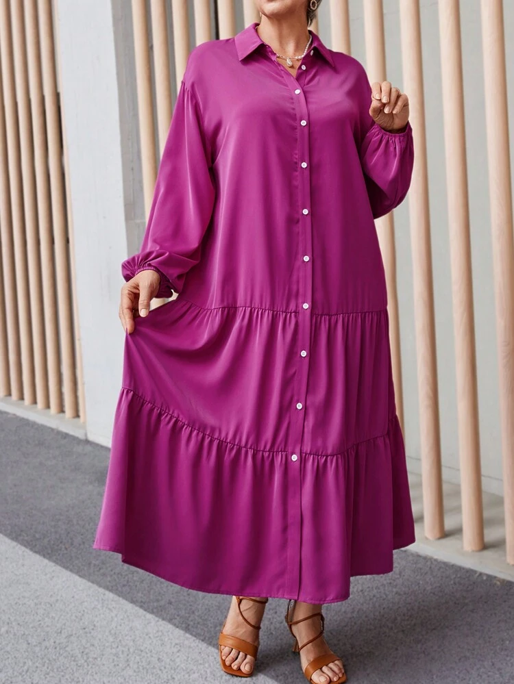 Plus Size Women Elegant Solid Color Lantern Sleeve Tiered Hem Shirt Dress (Waist Belt Not Included),Autumn&Winter Women Clothes,Plus Size Fall Clothes