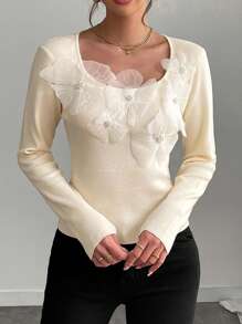 Chiquease 优雅女士小领3D立体花卉装饰长袖套头毛衣针织衫秋冬款 - 杏色 - 查看 7