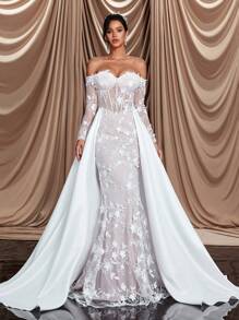 Glamrae 大码优雅香槟色透视斜肩长袖鱼骨喇叭鱼尾连衣裙，适合婚礼，派对，蜜月，白色新娘礼服 - 米色 - 查看 5