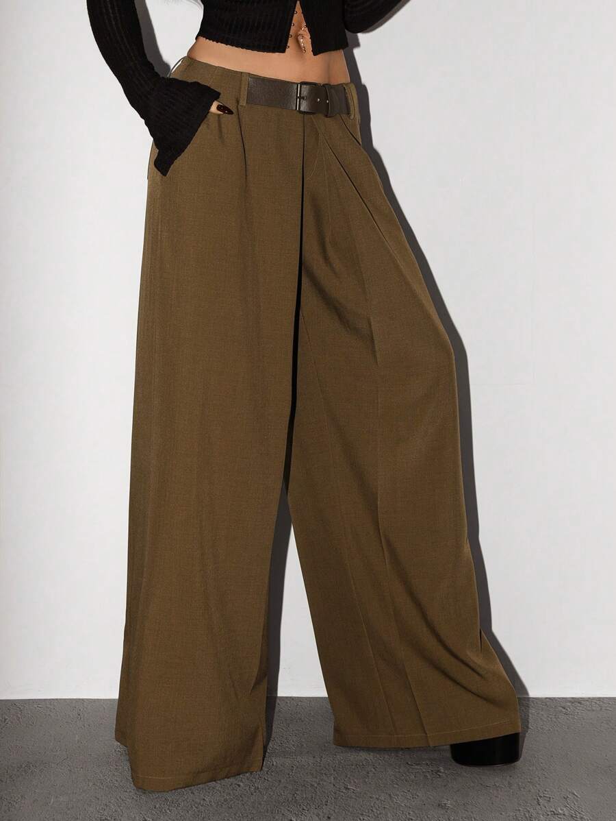 SHEIN ICON Extra Low Waist Belt Decor Pleated Loose Wide-Leg Extra Long Pants - Brown - View 1
