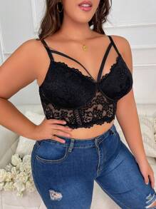 Plus Floral Lace Harness Underwire Bra Lingerie - Black - View 7