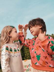 SHEIN 1 Pc Young Girls Sweater Dresses Fun Jacquard Cute/Retro/Casual/Home/Outdoor Winter/Fall Outfits Little Girl Clothes/Young Girl Fall Clothes, For Christmas