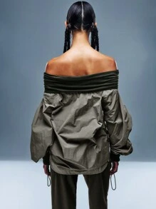 TypaGal Khaki Green One Shoulder Puff Sleeve Drawstring Shirt Winter Fall Cloth For Women - Green - View 2