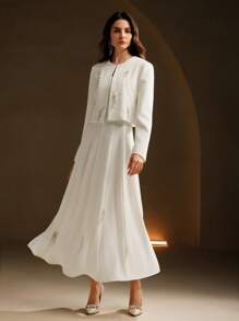 Anewsta Elegant White Sequin Decor 2 Pieces Set: Fitted Long Sleeve Blazer & Long Slip Dress, High-End Look - White - View 7