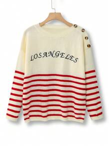 SHEIN LUNE Plus Size Women Colorblock Knit Sweater With English Letter Embroidery And Button Closure, Versatile Casual Style For Autumn/Winter Knit Pullover Fall - Multicolor - View 1